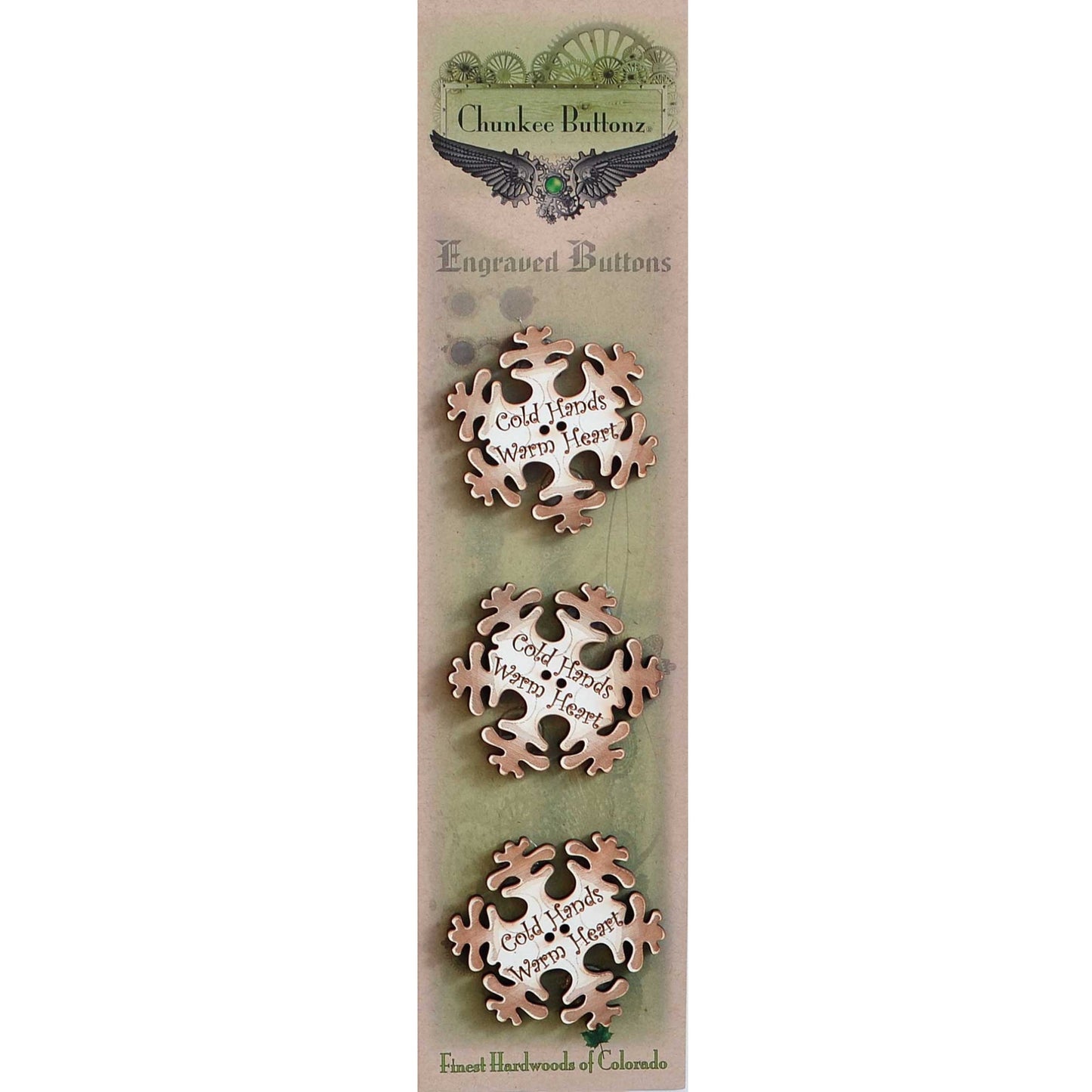 Chunkee Buttonz - Pkg of 3 Cold Hands Warm Heart Buttons- Knitting, Sewing Crafts - Hardwood - Happy Hollow Designs