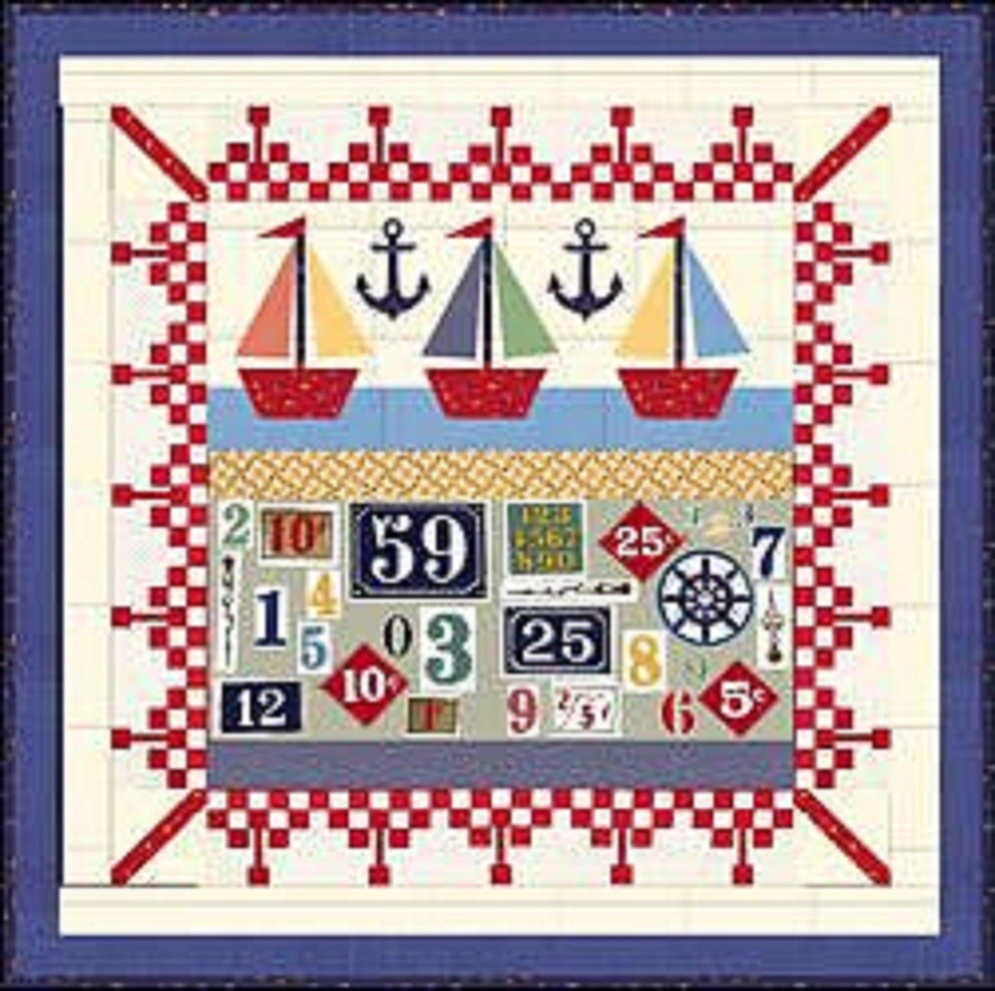 Three Boats Sailboat American Jane Pattern & Fabric Kit 40x40 - Panel Kit Red White Blue Numbers - Kit - Sandy Klop