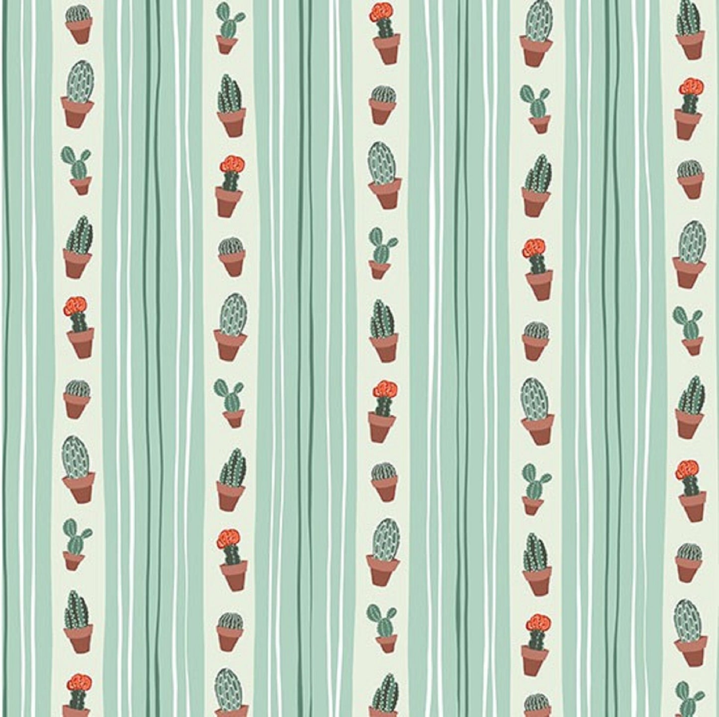 Desert Garden Cactus Prickle my Fancy Sage Stripe Greenhouse Gardens Michael Miller DC9388 on White Background Priced by the Half yd