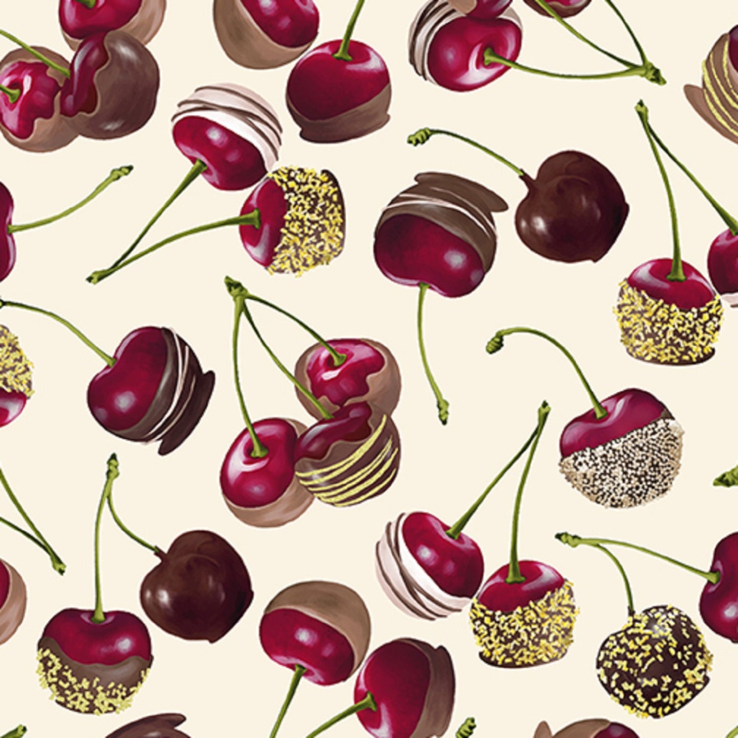 0985007B - Chocolate Dipped Cherries - on Cream Fabric - Benartex - Priced by the 1/2 Yard - Cut continuously