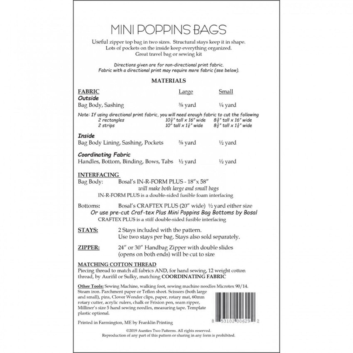 Mini Poppins Bags - Aunties Two Pattern - AUTA629 - 2 Metal Stays are Included