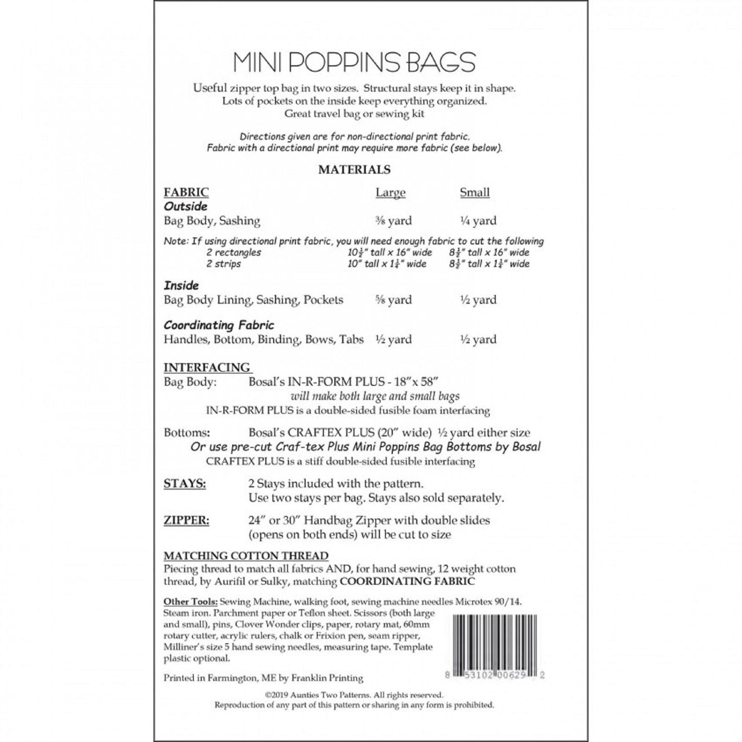 Mini Poppins Bags - Aunties Two Pattern - AUTA629 - 2 Metal Stays are Included