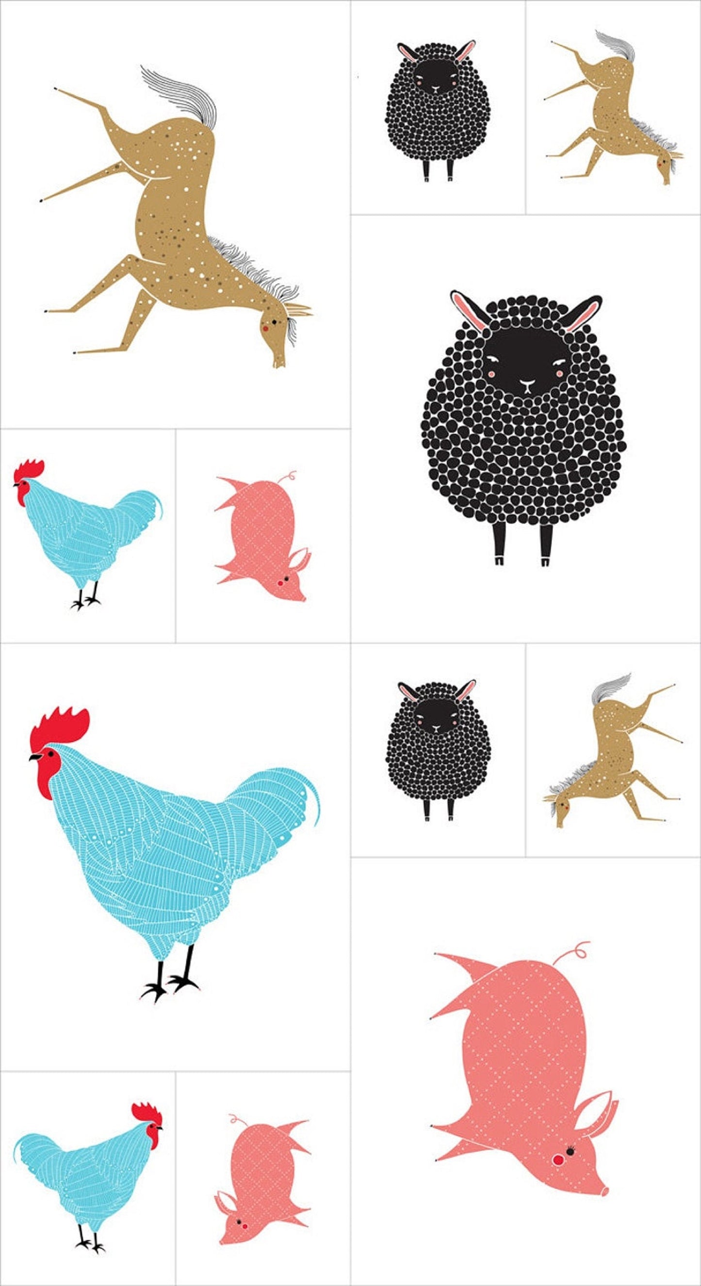 Farm Charm Sheep Gingiber Moda Fabric 24" Panel x 44" Horses Hens Blue Red