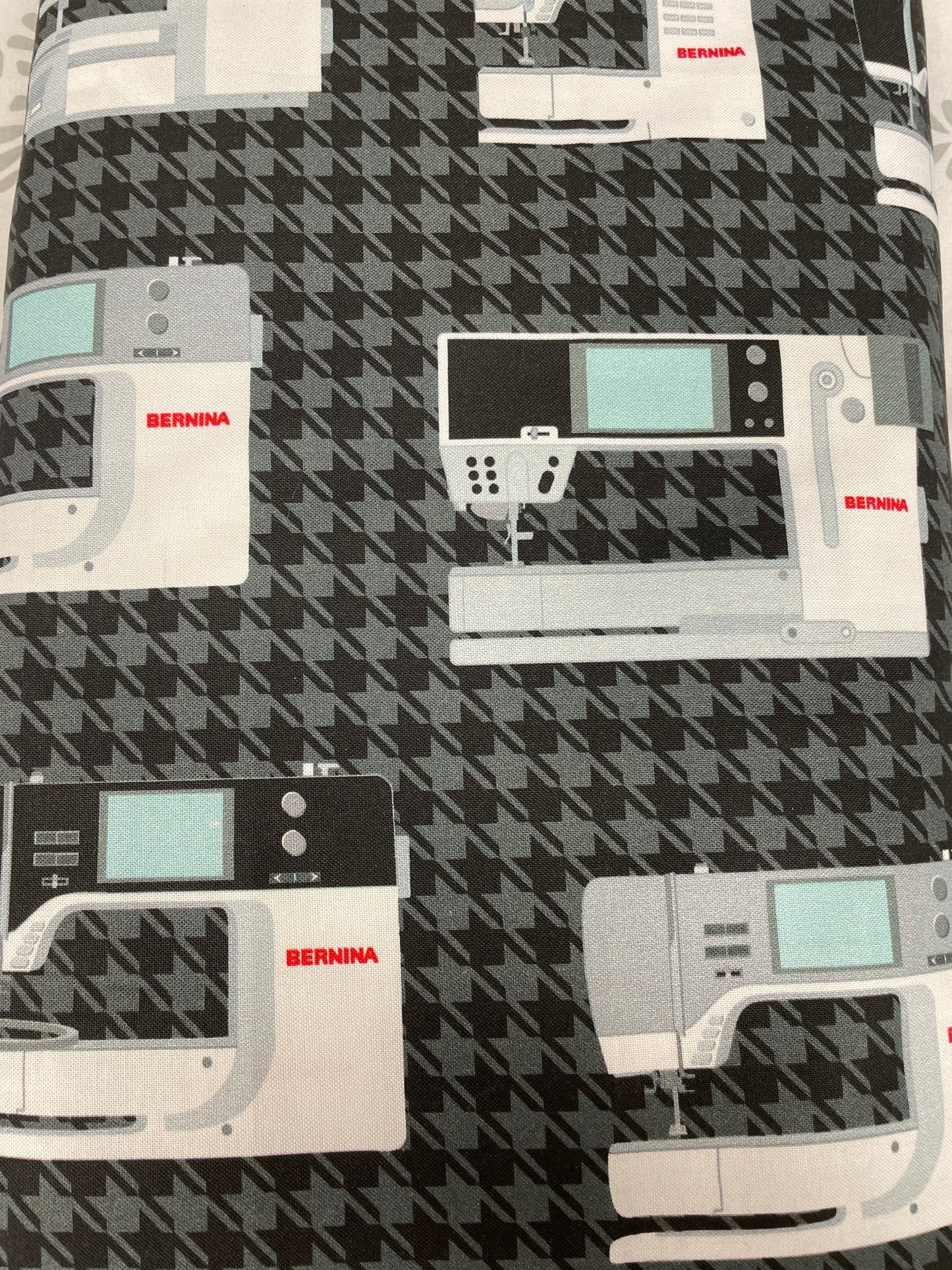Bernina Vintage Sewing Machine Fabric - Benartex - Black gray houndstooth Background - Priced by the 1/2 Yard - Cut continuously