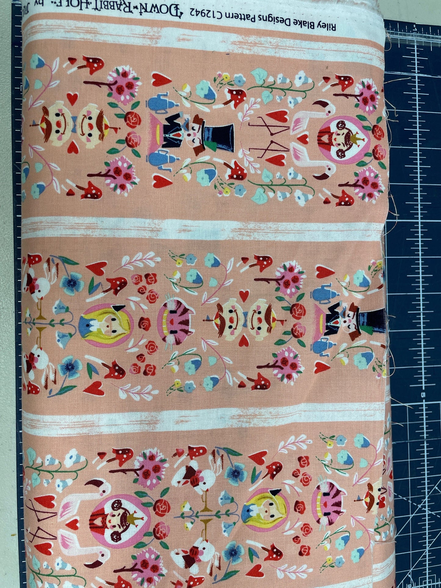 Down the Rabbit Hole Border Print Riley Blake Coral Jill Howarth Priced by the Half yard Cut Continuously
