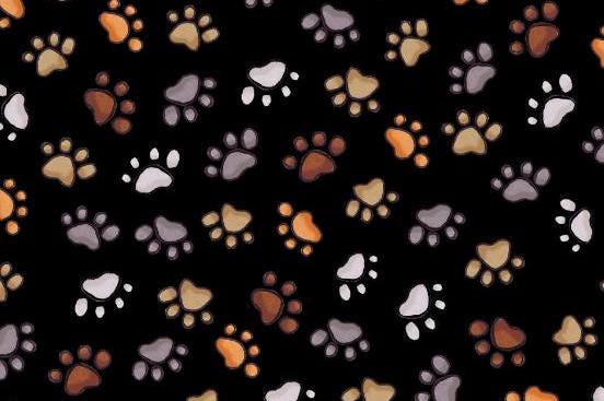 Loralie Dog Cat Paws Brown Grey on Black Background Fabric Loralie Harris - Priced by the 1/2 Yard - Cut continuously