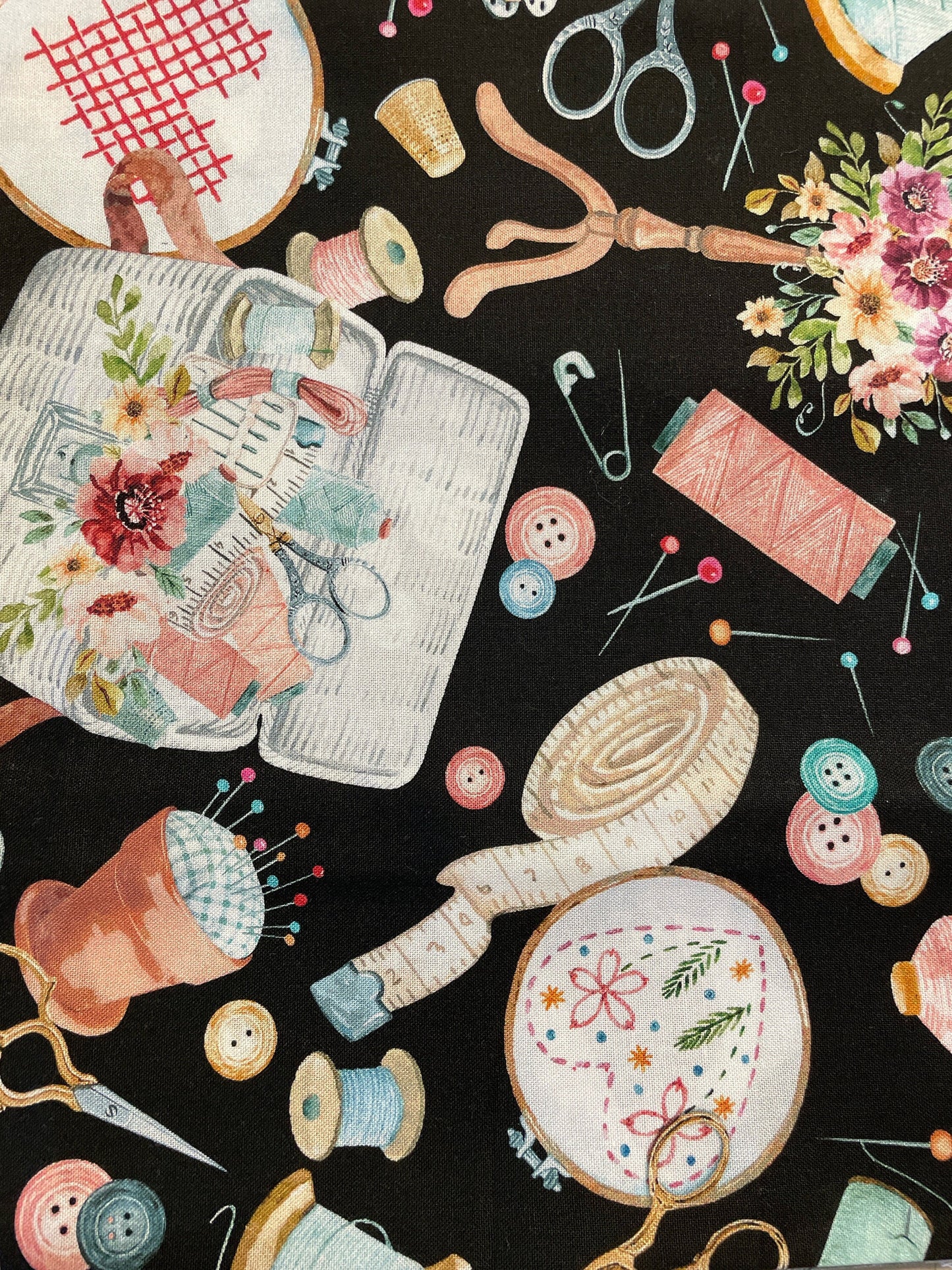 Sewing Notions Fabric - Benartex Kanvas - basket embroidery - Black Background - Priced by the 1/2 Yard - Cut continuously