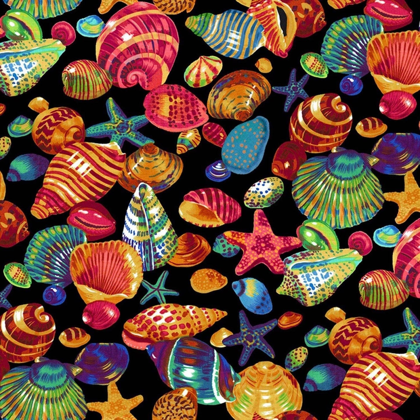 Shells - Bright Colors on Black Background - CP71570 - Priced by the 1/2 yard - Springs Creative Fabric