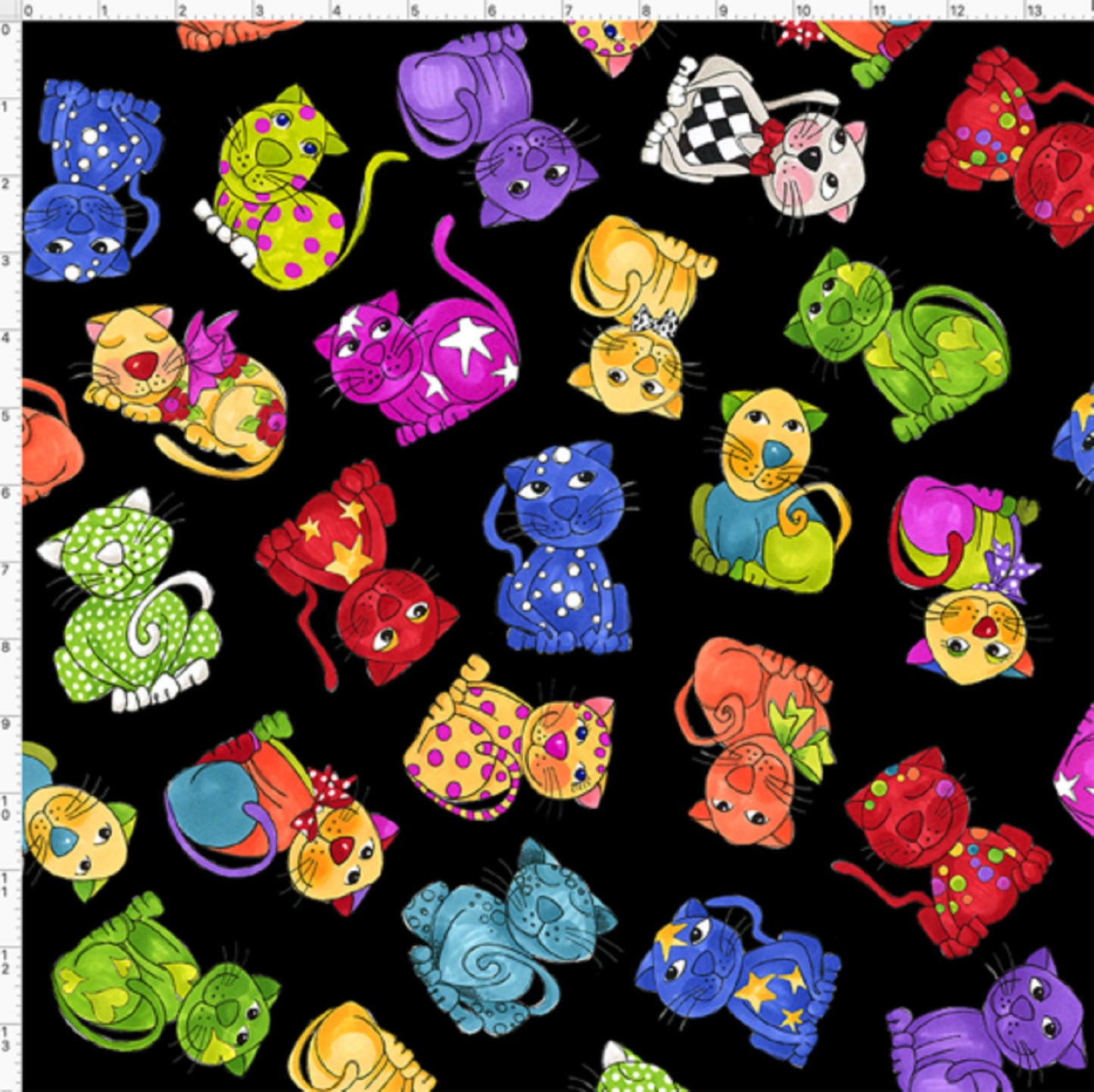 Loralie Happy Cats Tossed Fabric- on Black Background Fabric Loralie Harris - Sold by the 1/2 Yard - Cut in 1 piece BRAND NEW!