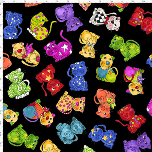 Loralie Happy Cats Tossed Fabric- on Black Background Fabric Loralie Harris - Sold by the 1/2 Yard - Cut in 1 piece BRAND NEW!