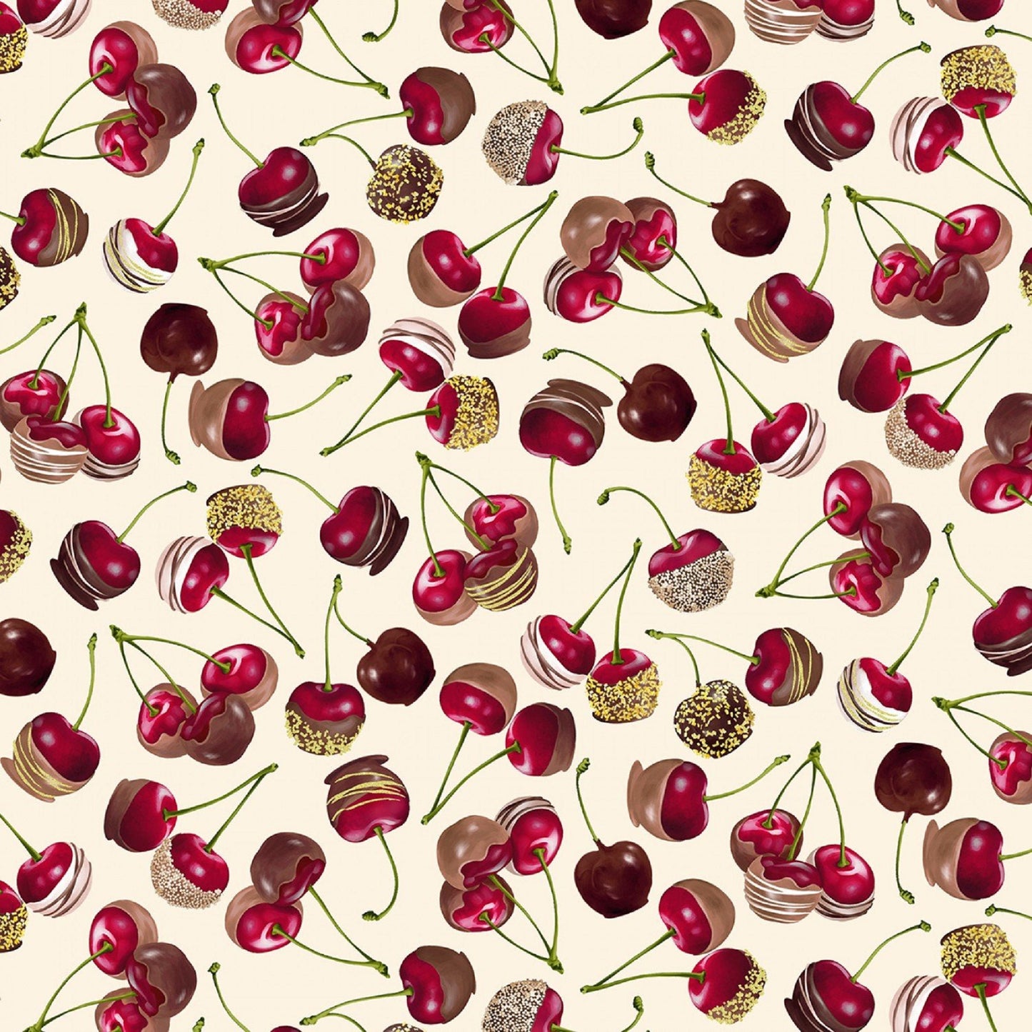 Kanvas Chocolate Cherries Fabric Cream Chocolicious 09850-07, Aprons, Pot Holders, Kitchen Precut into 1 yard cuts