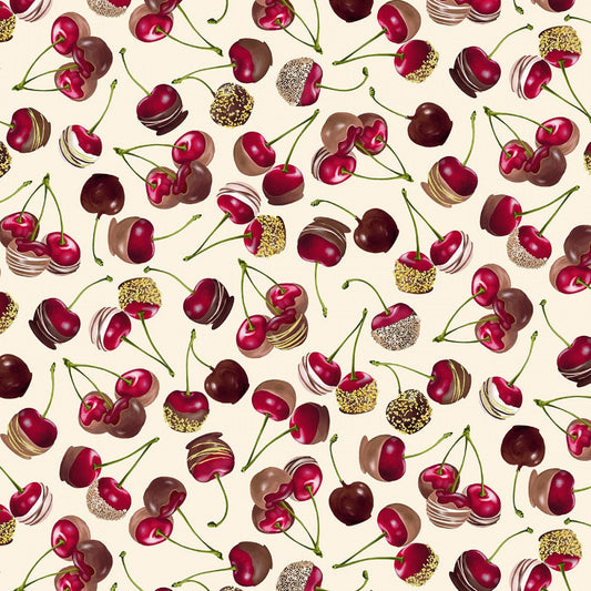 Kanvas Chocolate Cherries Fabric Cream Chocolicious 09850-07, Aprons, Pot Holders, Kitchen Precut into 1 yard cuts