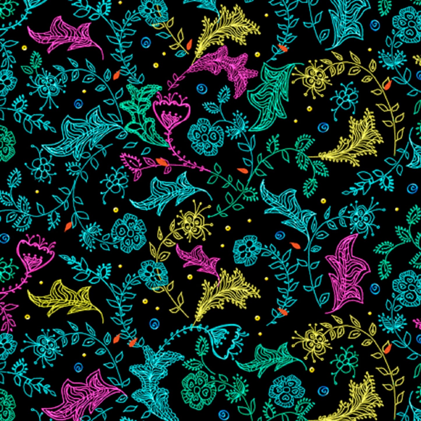 Parrot Party - QT Fabrics - Turquoise Yellow Pink on Leaves - 1649-27809-J - Black Background