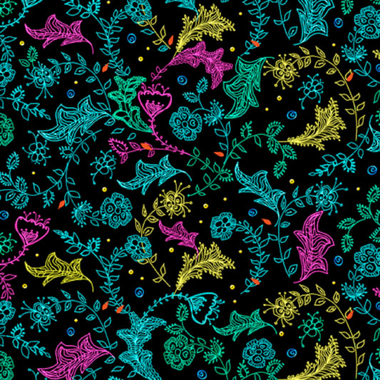 Parrot Party - QT Fabrics - Turquoise Yellow Pink on Leaves - 1649-27809-J - Black Background