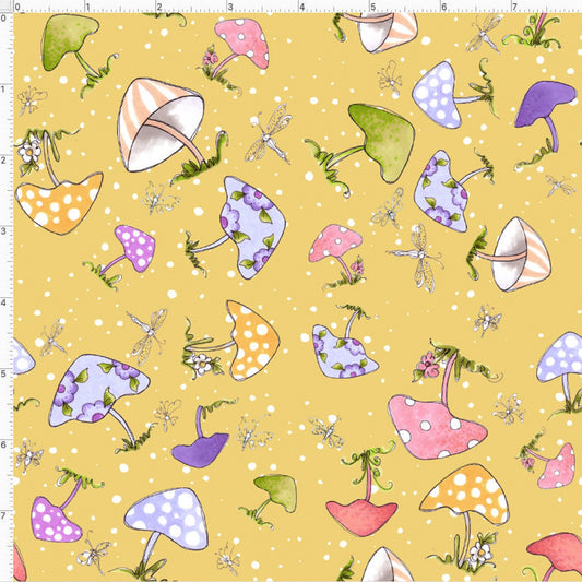 Loralie Floral Mushroom Toss on Yellow Background Priced by the 1/2 yard- Cut continuously