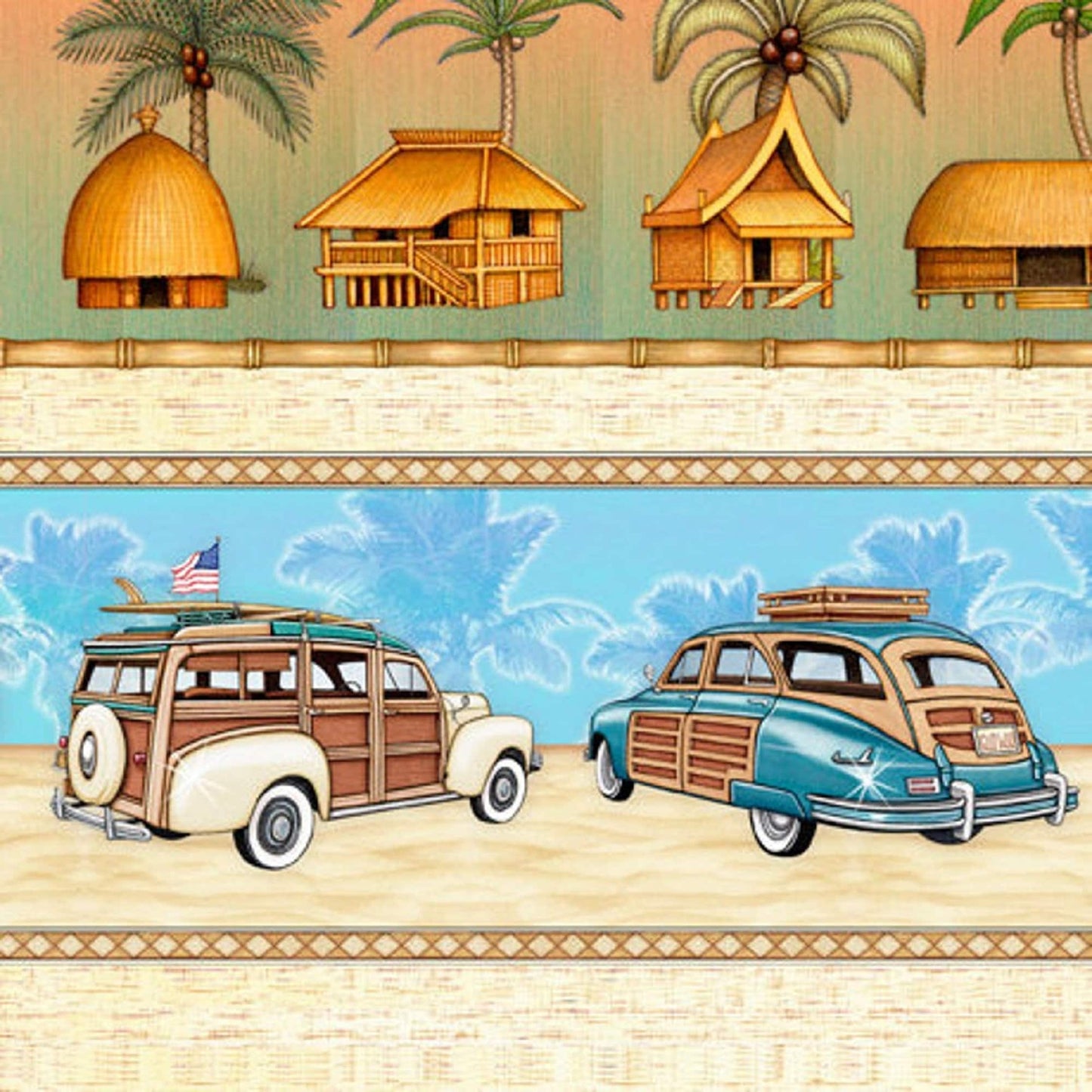 Vintage Cars, Bamboo, Palm Trees Stripe Border Fabric - Postcards from Paradise - Dan Morris - QT Fabrics - 33' Remnant - Last one