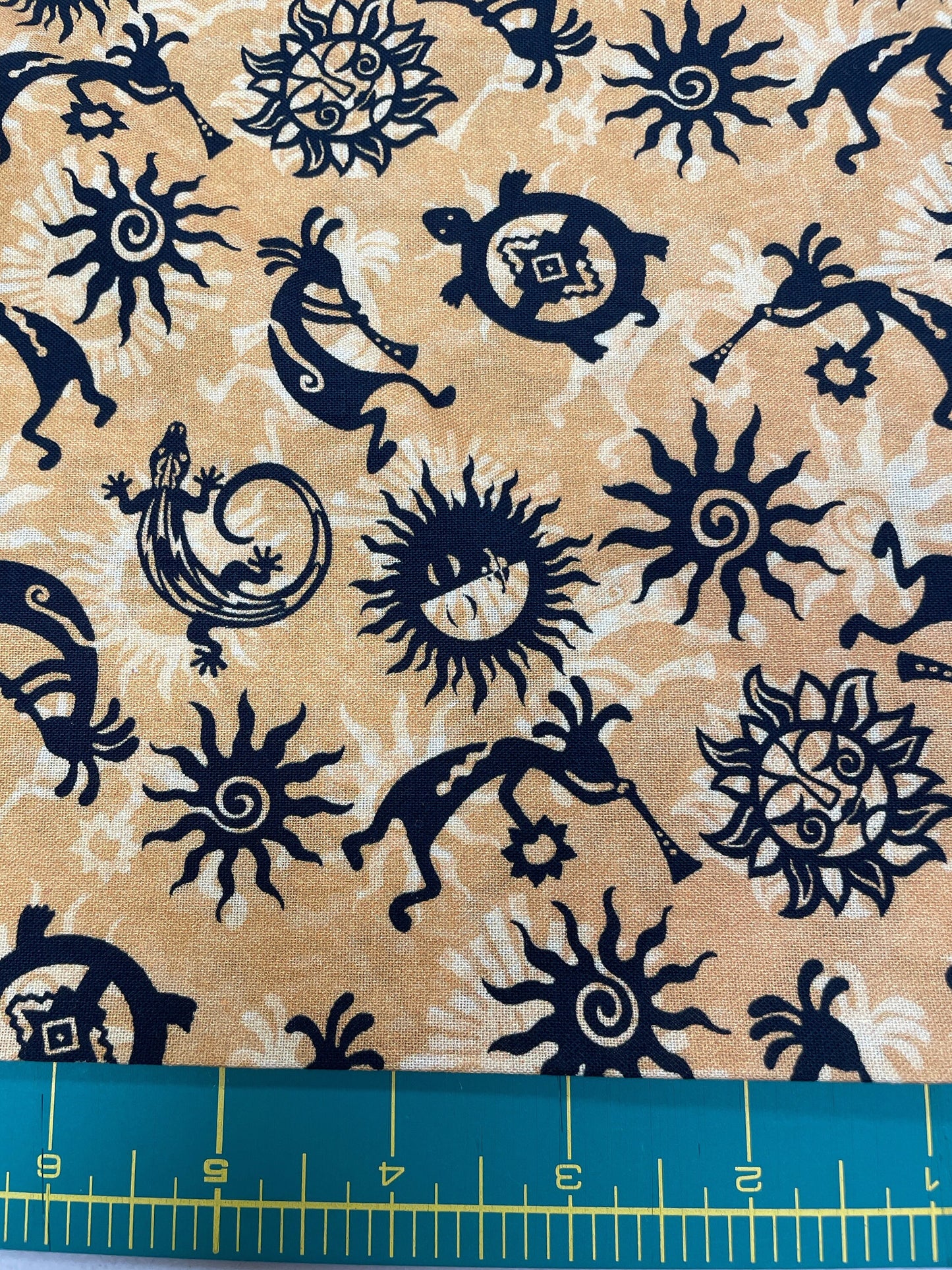 Kokopelli Turtle Suns Black on Gold Background Fabric - Michael Miller -Sunrise collection - Priced by the 1/2 yard cut continuously