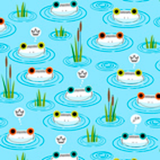 Hop to It Frog Crowns Fabric on Turquoise Background Lily Pads QT Fabrics - Priced by the 1/2 Yard - Cut from Bolt