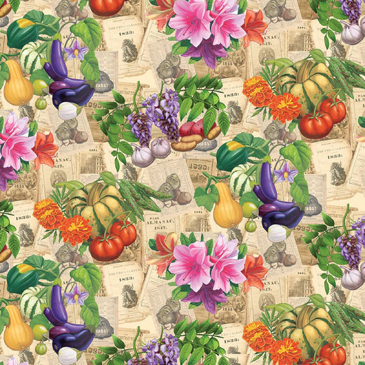 PRC10325 - Old Farmer's Almanac - Floral Vegetables on Sepia - 43/44" - Print Concepts
