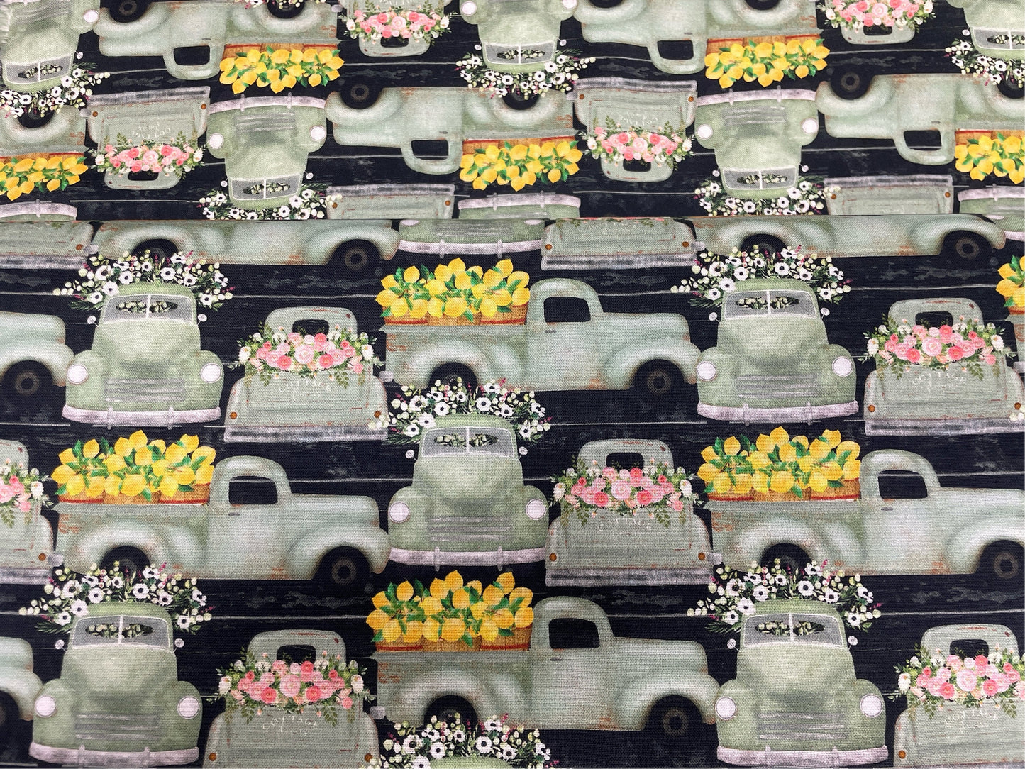 White Cottage Farm Fresh Trucks in Charcoal by Beth Albert for 3 Wishes Fabrics 100% Cotton Quilting Fabric - By the 1/2 yard