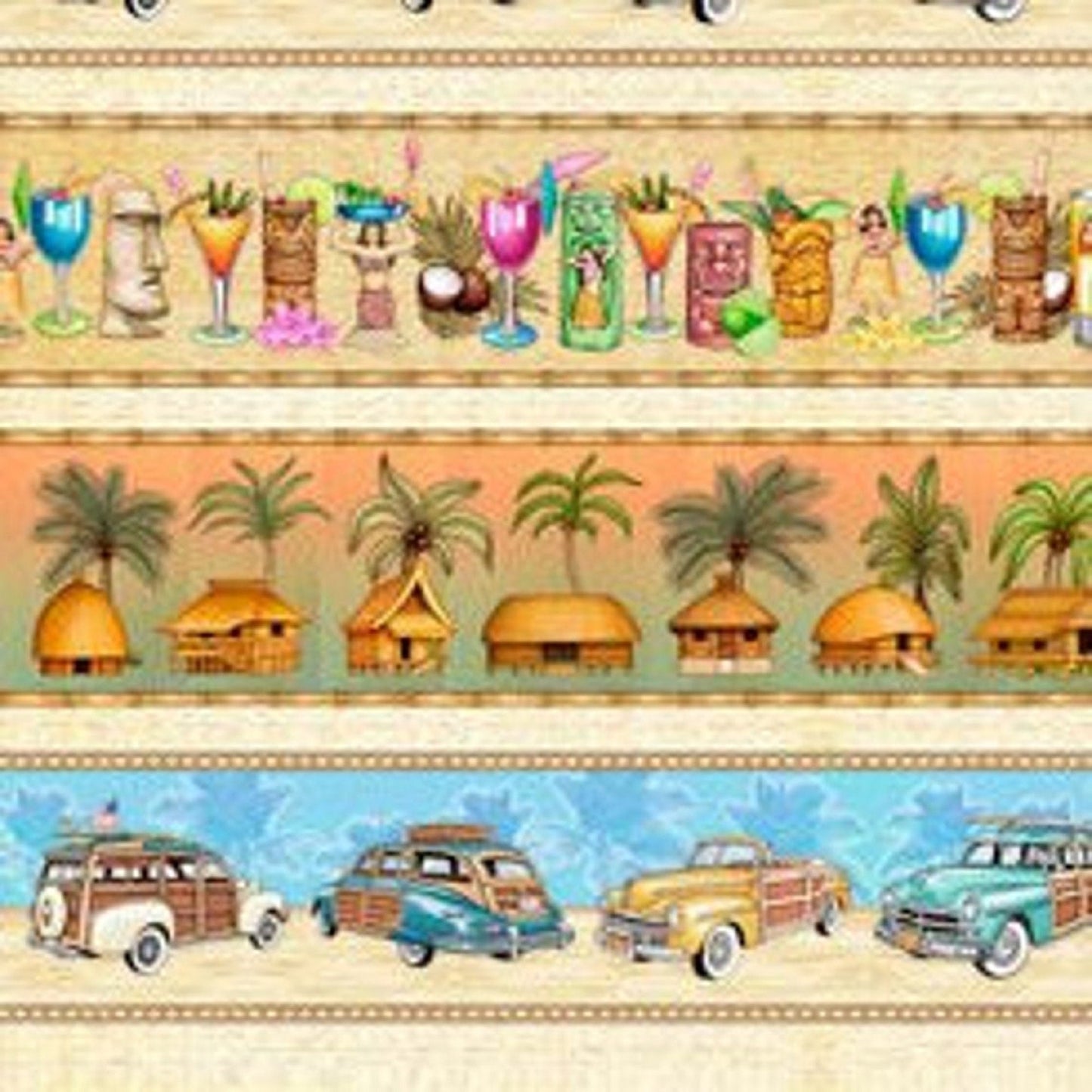 Vintage Cars, Bamboo, Palm Trees Stripe Border Fabric - Postcards from Paradise - Dan Morris - QT Fabrics - 33' Remnant - Last one