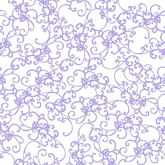 Loralie Elegant Scroll Lilac on White Background- Priced by the 1/2 yard