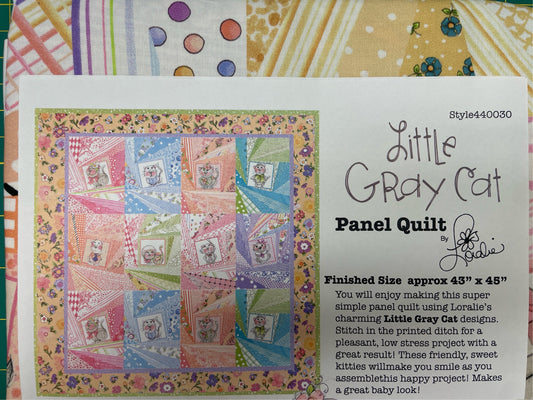 Loralie Little Gray Cat Panel Quilt Kit Fabric - Pattern - Baby Gift - 43x45”