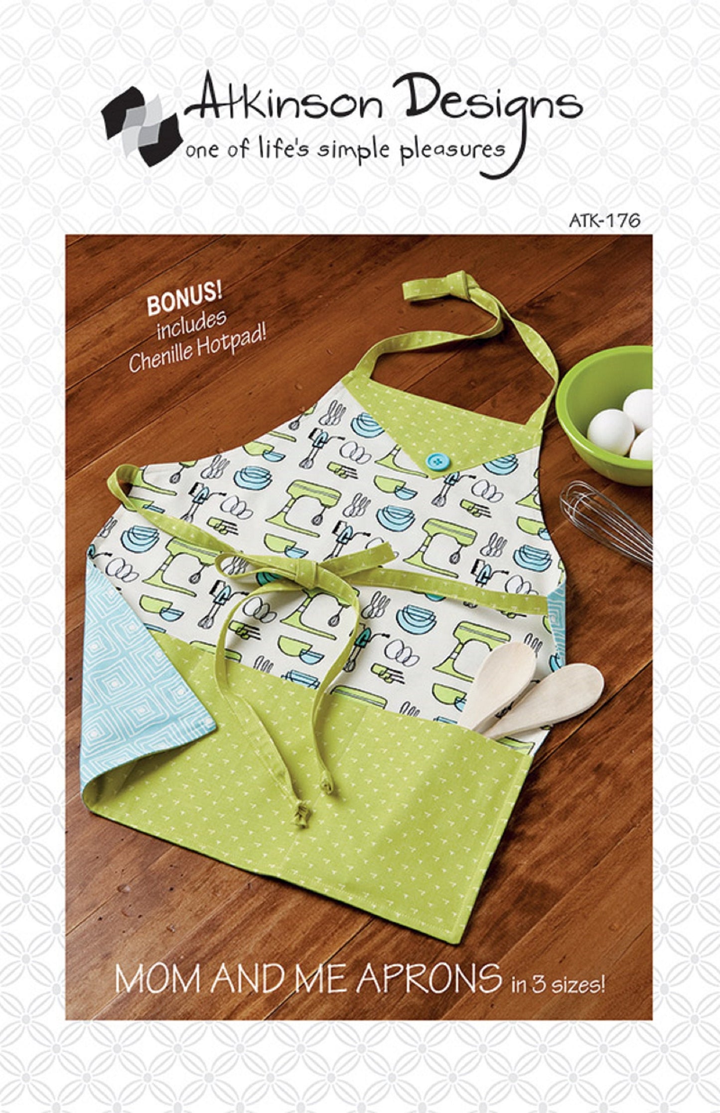 Mom and Me   Atkinson Designs   Lined Apron Pattern 3 sizes   Adult, Child, Toddler   Chenille Potholder Pattern included   Easy!