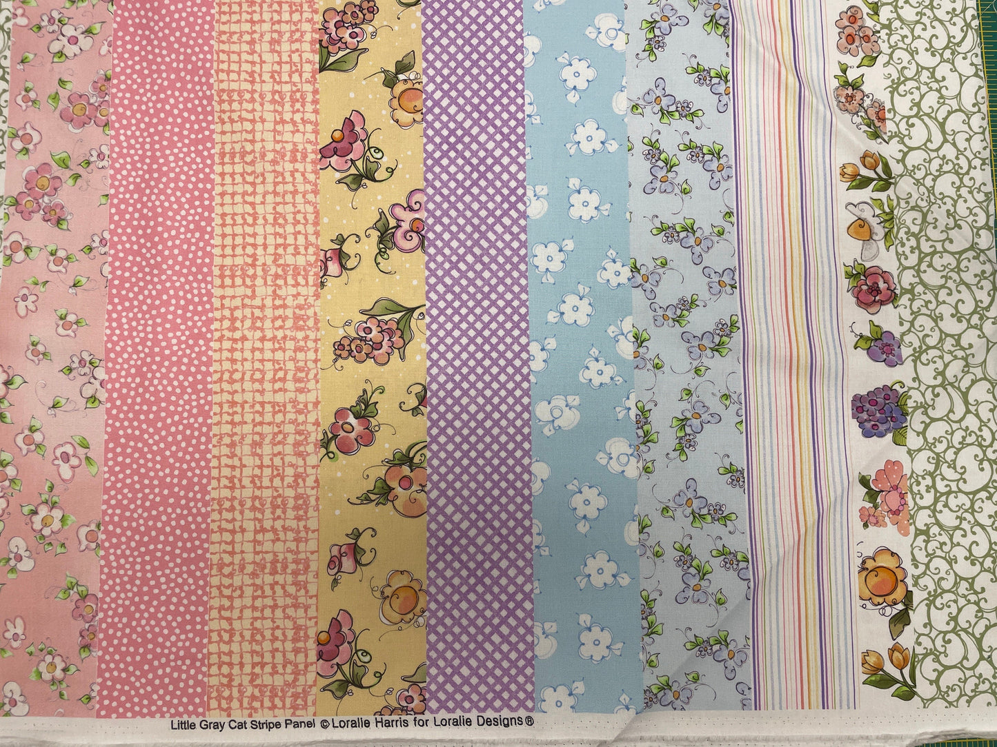Loralie Little Gray Cat Panel Strips Stripe Panel Fabric - Pattern - Baby Gift - 24” x 42” long -