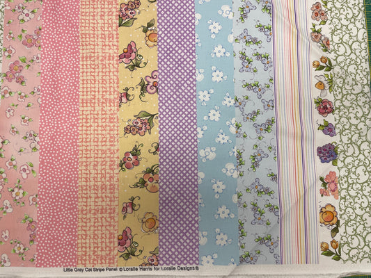 Loralie Little Gray Cat Panel Strips Stripe Panel Fabric - Pattern - Baby Gift - 24” x 42” long -