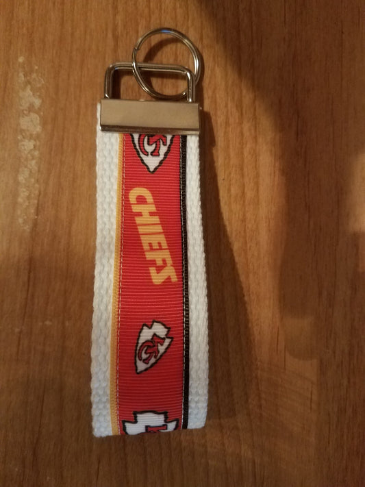 Kansas City Chiefs wristlet gift Football Ribbon on Heavy Duty Cotton Webbing silver hardware