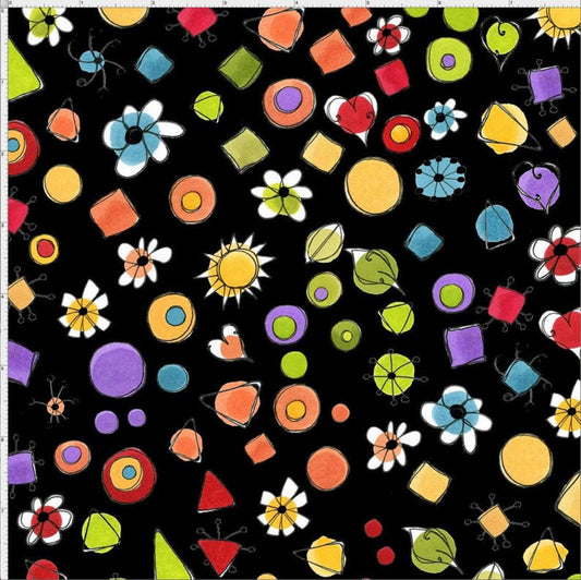 Loralie Joy Dots Bright  Flowers Circles Abstract on Black Background   Priced by the Half Yard