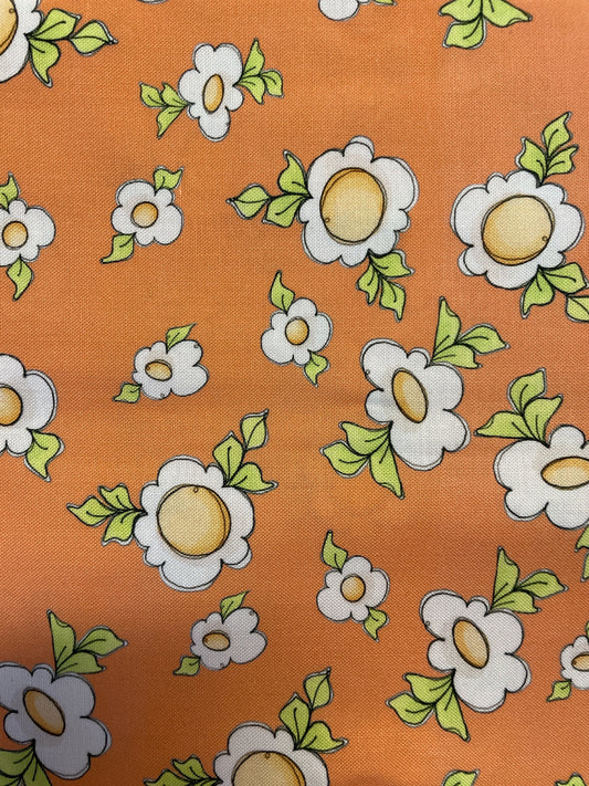 Loralie Daisy Love - Floral Daisy on Orange Background - Priced By The 1/2 Yard cut Continuously