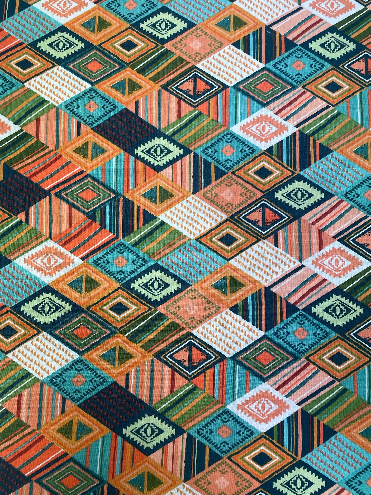 Painted soul diamonds, orange, teal and green designed by Lisa white button three wishes fabric - Priced By the 1/2 yard