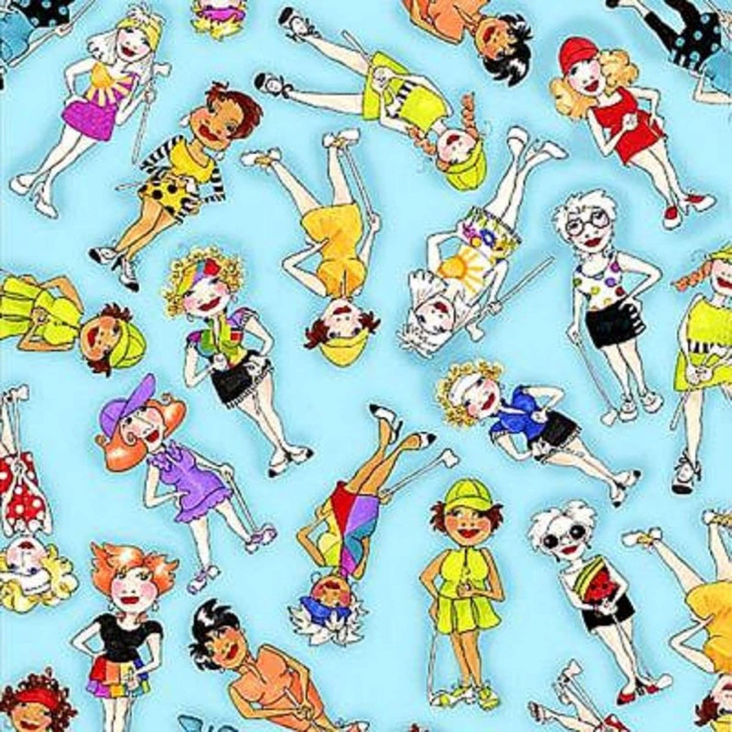Golf Fabric / Golf Happy, You Go Girl Golf Happy Tossed Golfer Girls on Turquoise / Loralie   Sold by the Half Yard   Cut from Bolt  692 368