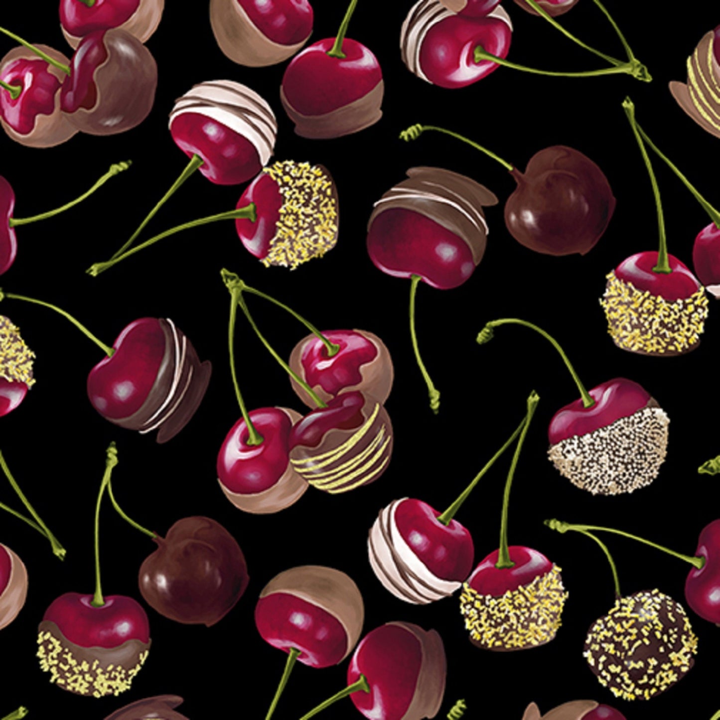 Chocolate Dipped Cherries - on Black Fabric - Benartex - 0985012B - Priced by the 1/2 Yard - Cut continuously