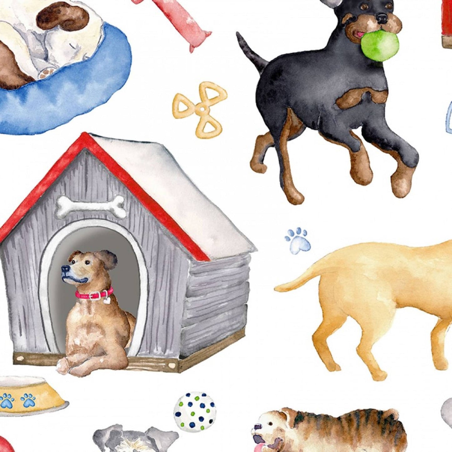 Dog Fabric Think Pawsitive - by Andi Metz - Dogs Rule - White Background Fabric - Priced by the 1/2 Yard - Cut continuously