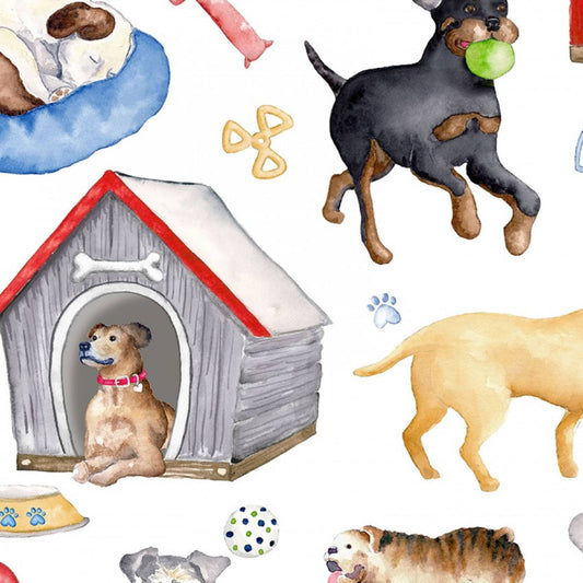 Dog Fabric Think Pawsitive - by Andi Metz - Dogs Rule - White Background Fabric - Priced by the 1/2 Yard - Cut continuously