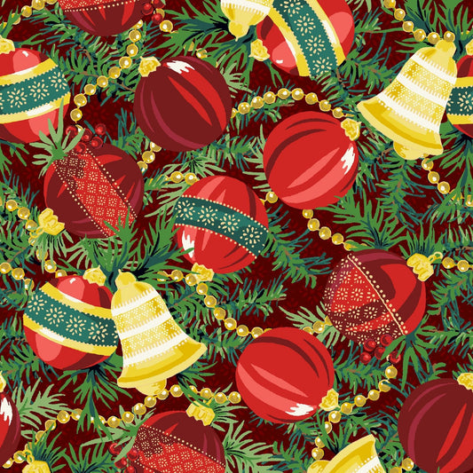Maywood Studio - Joyful Christmas Fabric - Christmas Ornament Garland on Red