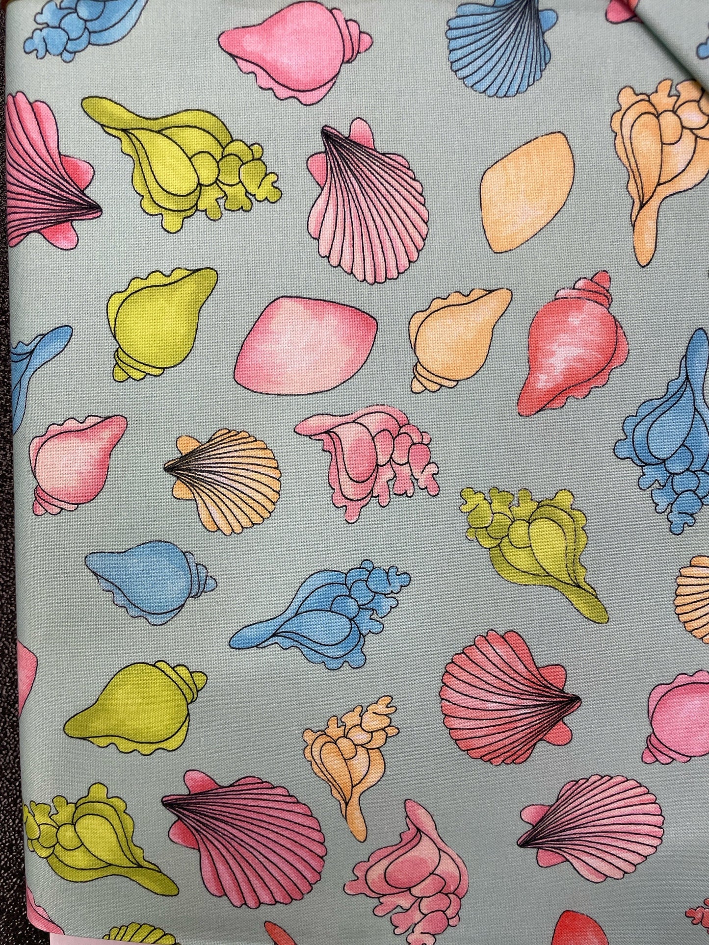 Loralie Shell Spell Sage Green - Multi Color Bright  Shells Fabric- Priced by the 1/2 yard Cut continuously
