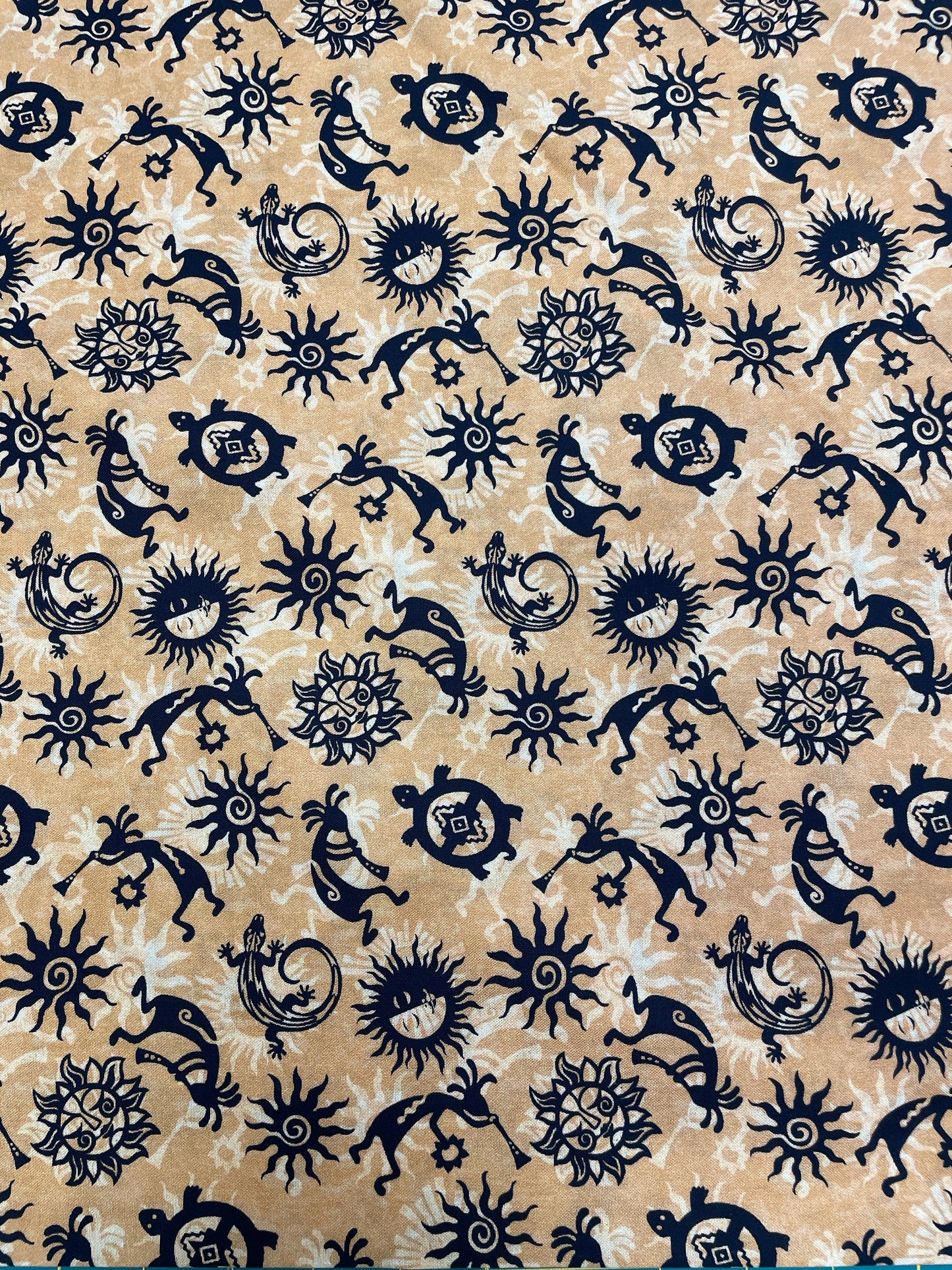 Kokopelli Turtle Suns Black on Gold Background Fabric - Michael Miller -Sunrise collection - Priced by the 1/2 yard cut continuously
