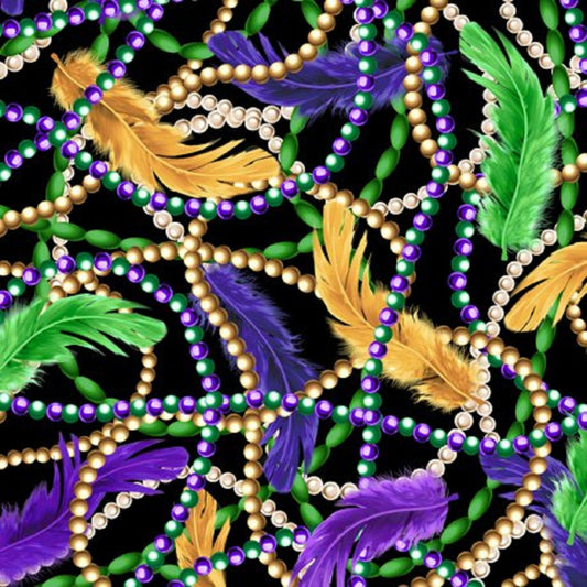 Mardigras Fabric  Beads & Feathers  28444 J  Purple Green Fabric   Fabric by the Half yard
