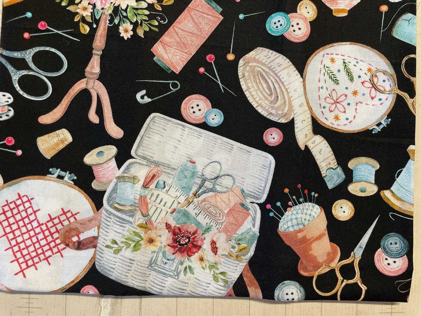 Sewing Notions Fabric - Benartex Kanvas - basket embroidery - Black Background - Priced by the 1/2 Yard - Cut continuously