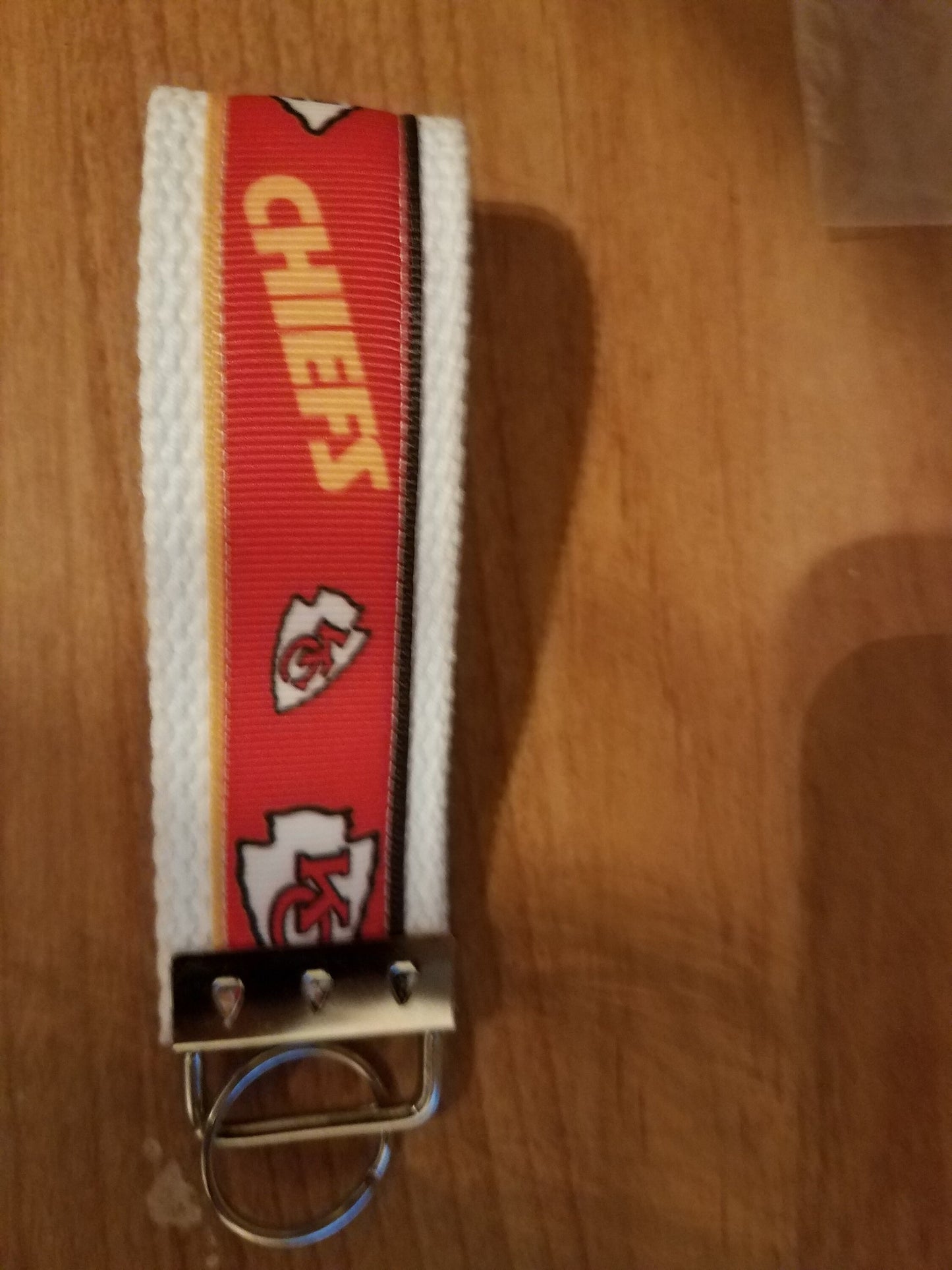 Kansas City Chiefs wristlet gift Football Ribbon on Heavy Duty Cotton Webbing silver hardware