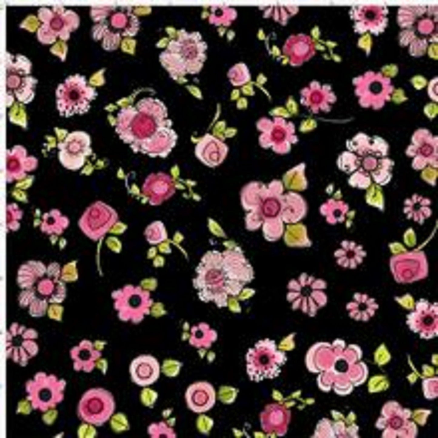 Loralie Parlor Pink Posies on Black Background Fabric Valentine - Priced by the 1/2" yard (18") - cut in 1 pc for 1 yard or more