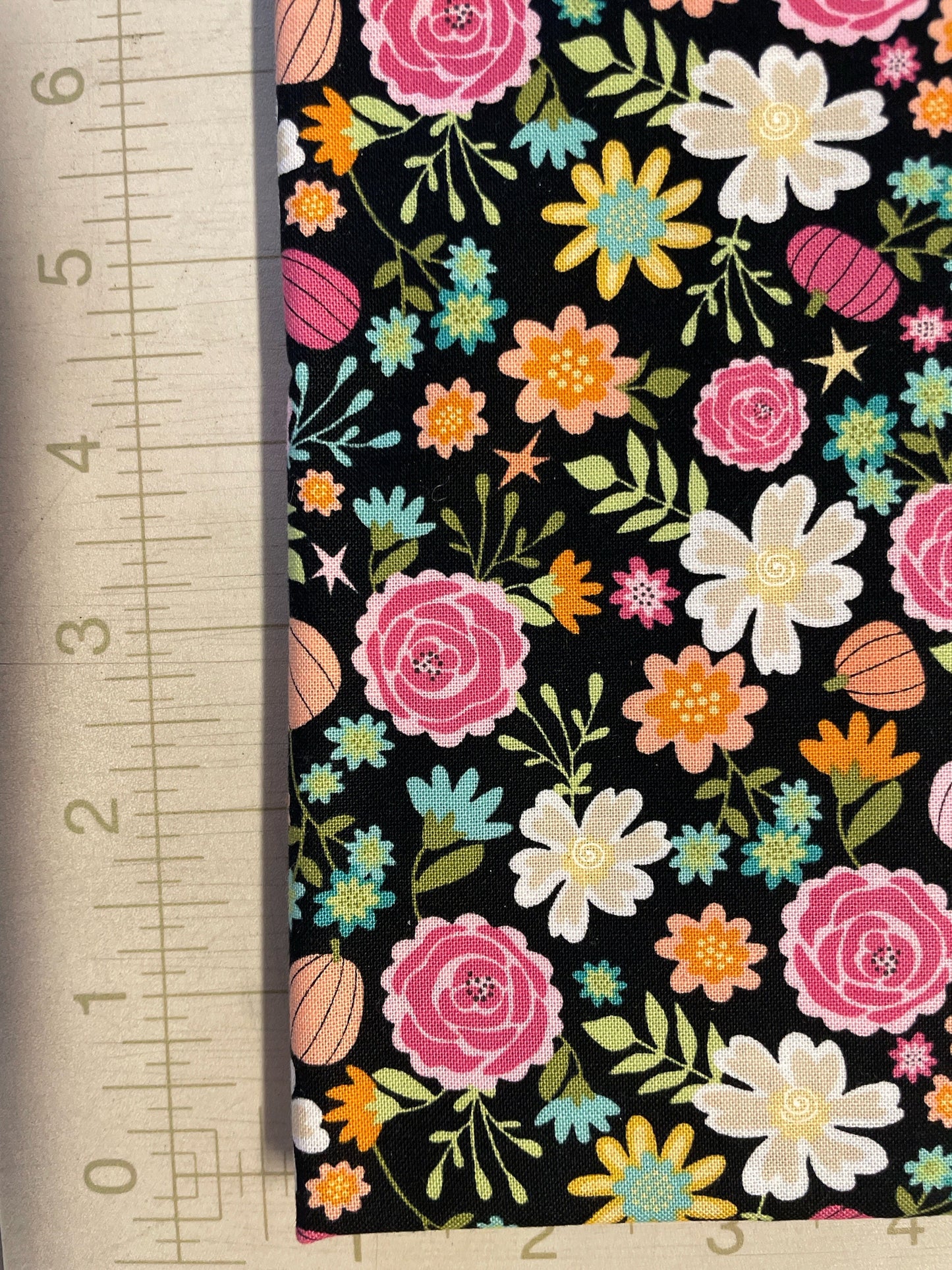 Kitty Loves Candy Halloween Poppie Cotton Fabric - Pumpkin Floral on Black Background- Priced by the 1/2 Yard - Precut 1 yard cuts