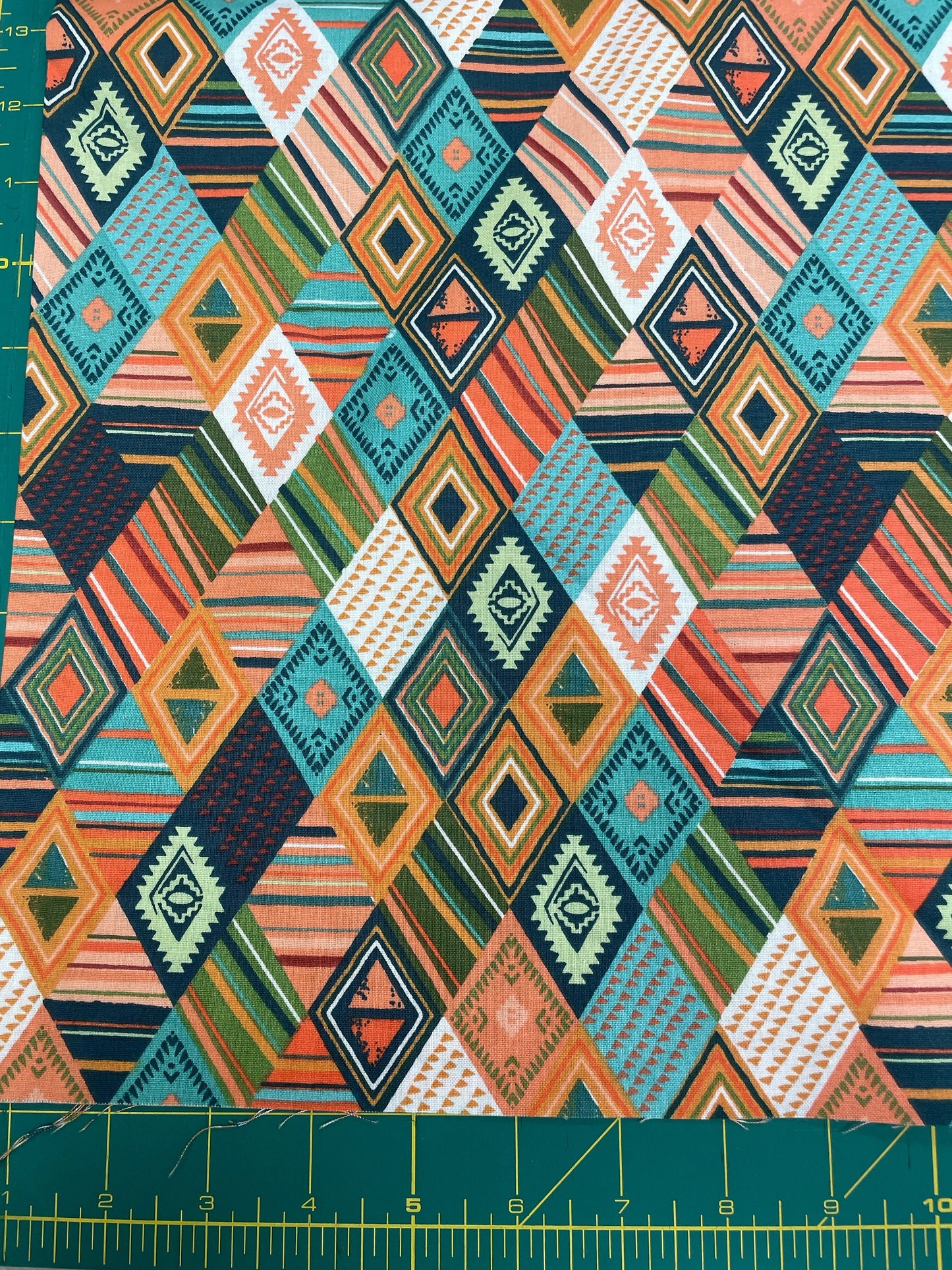 Painted soul diamonds, orange, teal and green designed by Lisa white button three wishes fabric - Priced By the 1/2 yard