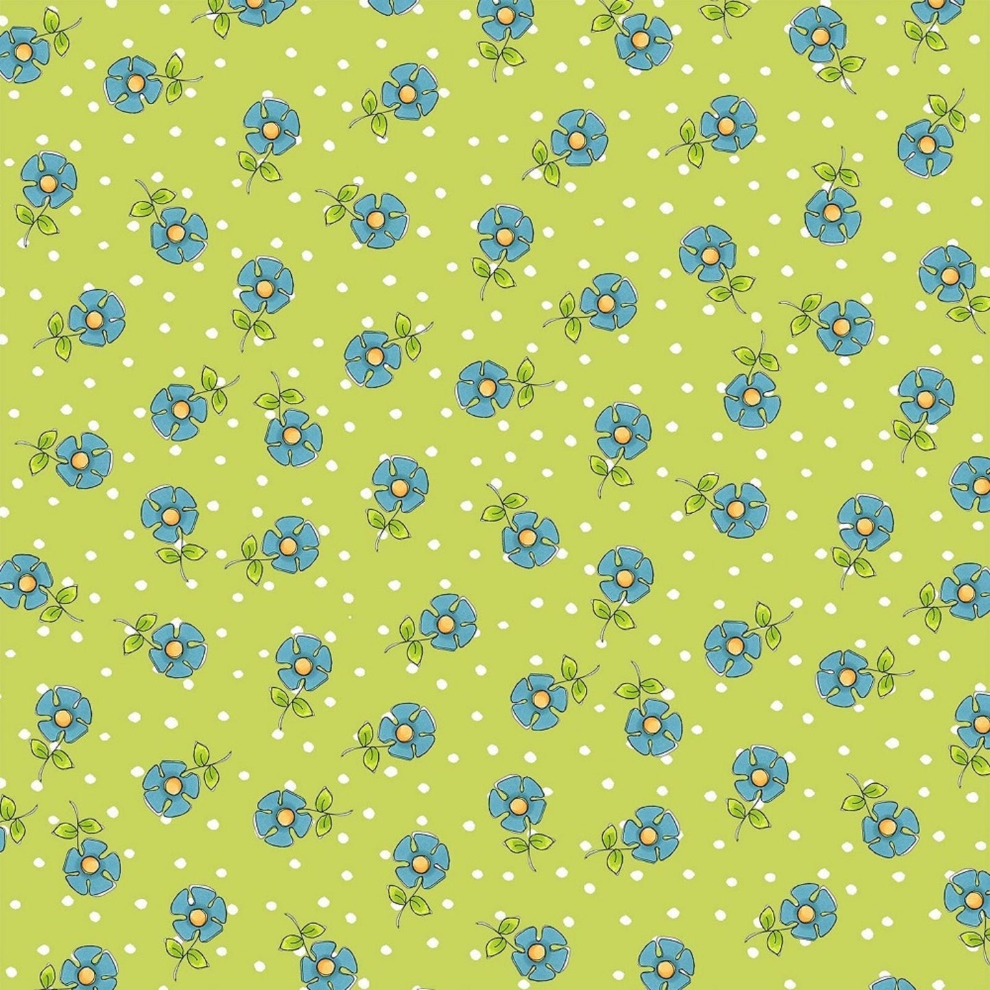 Loralie Daisy Dots Green- Blue Daisies - Priced by the 1/2 yard