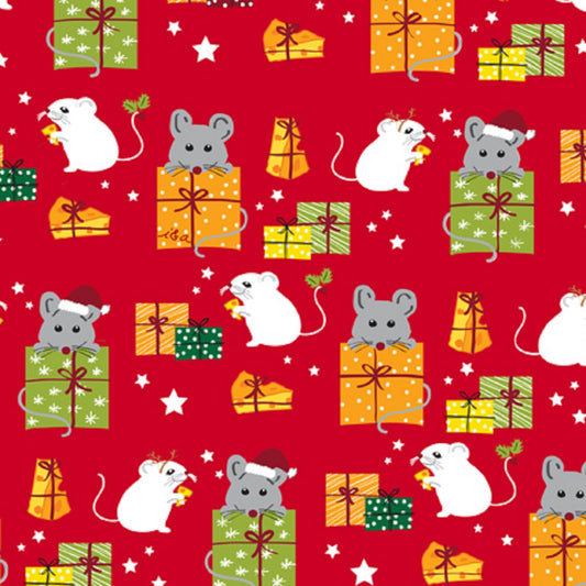 Meowy Christmas Fabric - Mice Packages on Red Background - QT Fabrics - Priced by the  1/2 Yard - Cut in 1 piece for 1 yard or more