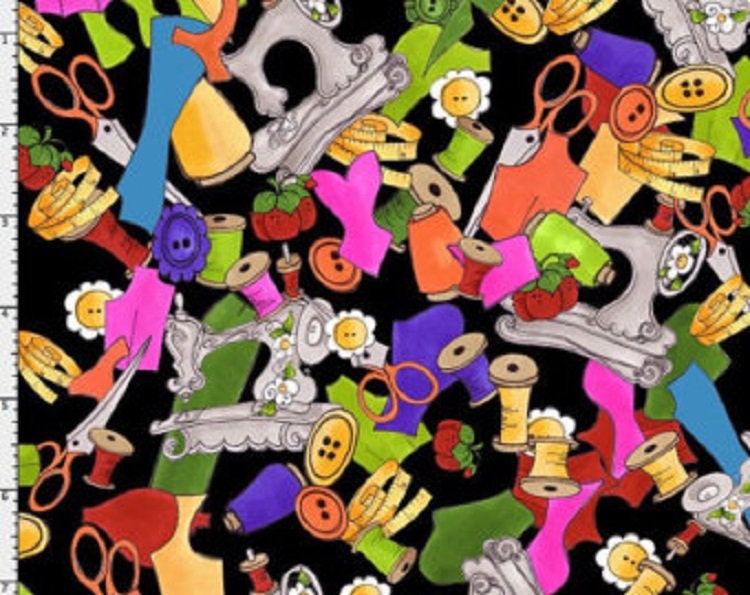 Loralie Sew Fabulous Kaleidasew Sewing Notions Bright on Black Background Fabric Loralie Harris - Priced by the 1/2 Yard - Cut from Bolt